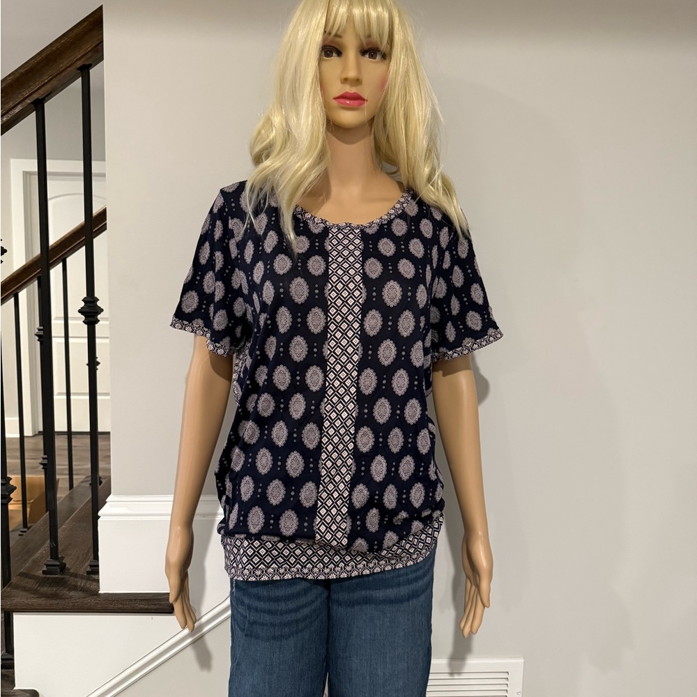 J Crew Blouse with Relaxed Fit and Medallion Print in navy and white